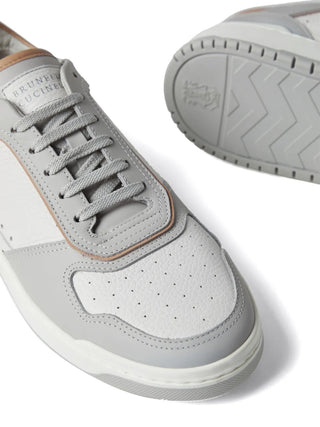 Brunello Cucinelli Mens White Grey  Perforated Sneakers