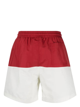 Brunello Cucinelli Mens Red & White Color Block Logo Embroidered Swim Shorts