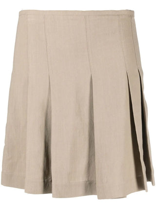 Brunello Cucinelli Women's Light Brown Beige Pleated Viscose Linen Mini Skirt