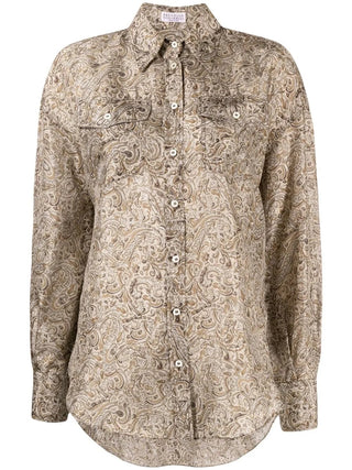 Brunello Cucinelli Brown Green Paisley Pattern Button Down Silk Shirt with Bead Embellishment Detail