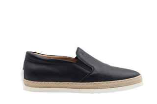 Tods Mens Black Grained Leather Espadrille with Rubber Raffia Sole