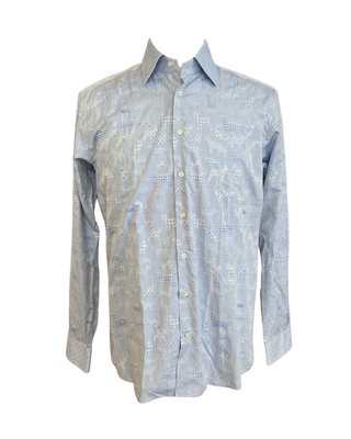 ETRO Mens Jacquard Light Blue Button Down Leopard Cat Print Shirt