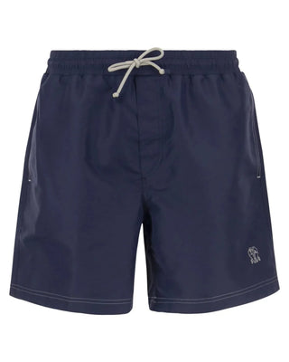 Brunello Cucinelli Mens Logo Embroidered Swim Trunks in Navy