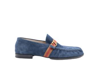 Tods Mens Blue Suede Ruched Gommino Driver Shoe with Side Multicolor Strap