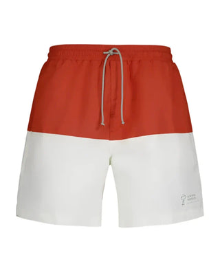 Brunello Cucinelli Mens Logo Embroidered Swim Trunks in Orange & White
