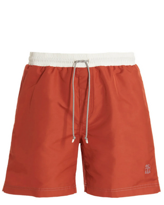 Brunello Cucinelli Men’s Orange White Logo-Embroidered Swim Shorts