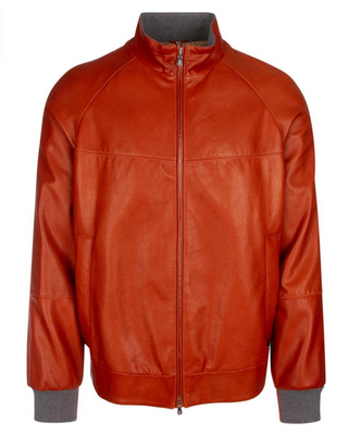 Brunello Cucinelli Men's Orange Calfskin Leather Bomber Jacket