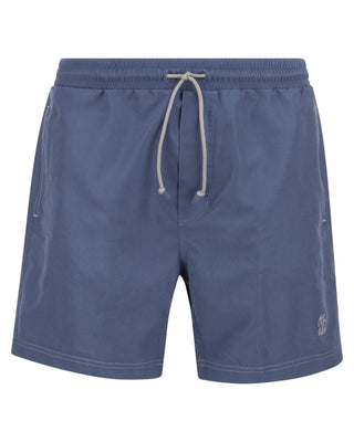 Brunello Cucinelli Mens Logo Embroidered Swim Trunks in Light Blue