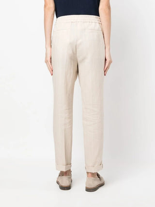 Brunello Cucinelli Men's Beige Linen & Wool White Pinstriped Drawstring Pant