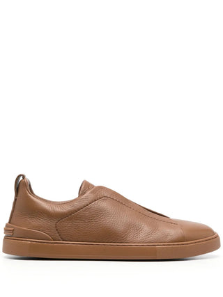Zegna Mens Caramel Brown Deerskin Triple Stitch Sneakers