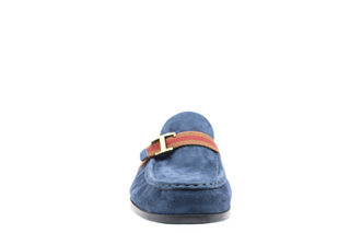 Tods Mens Blue Suede Ruched Gommino Driver Shoe with Side Multicolor Strap
