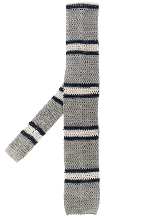 Brunello Cucinelli Striped Cotton And Linen Blend Knitted Tie Grey Navy White Men's Tie