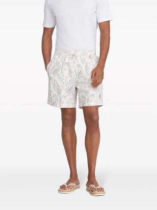 Brunello Cucinelli Mens Beige & Black Paisley Logo-Embroidered Swim Trunks