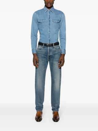 Tom Ford Mens Twill Western Shirt in Denim Blue