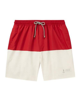 Brunello Cucinelli Mens Red & White Color Block Logo Embroidered Swim Shorts