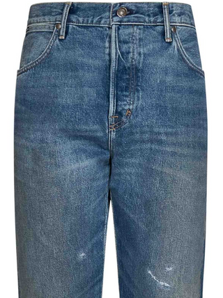 Tom Ford Mens Tapered Distressed Denim Blue Jeans