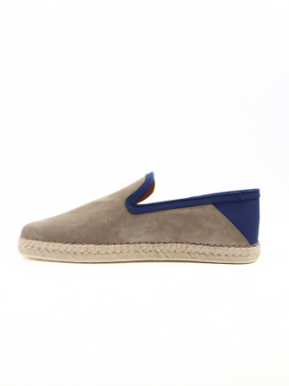 Tods Mens Grey Suede Navy Blue Trim Espadrille with Raffia Sole