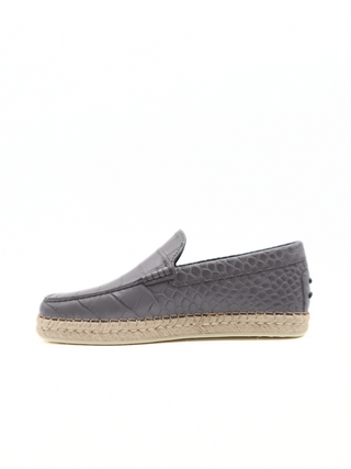 Tods Mens Grey Leather Croc Espadrille with Raffia Sole