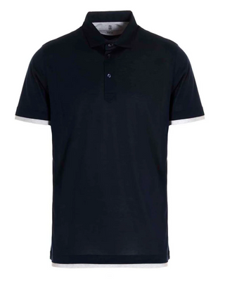 Brunello Cucinelli Mens Silk & Cotton Navy Polo Shirt