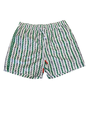 Isaia Mens Green Grey White Scalloped Stripes Swim Trunks
