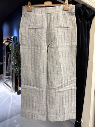 Brunello Cucinelli Womens 100% Linen Light Grey & Blue Pin Striped Cuffed Pant