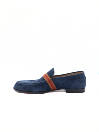 Tods Mens Blue Suede Ruched Gommino Driver Shoe with Side Multicolor Strap