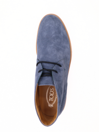 Tods Mens Light Blue Suede Lace Up Ankle Boots with Brown Sole