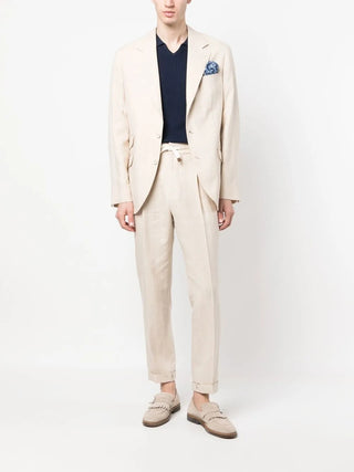 Brunello Cucinelli Men's Beige Linen & Wool White Pinstriped Drawstring Pant