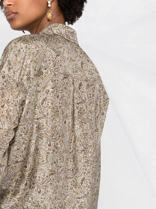 Brunello Cucinelli Brown Green Paisley Pattern Button Down Silk Shirt with Bead Embellishment Detail