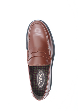 Tods Mens Brown Leather Mocassin Loafer with Green Brown Inner Houndstooth Pattern