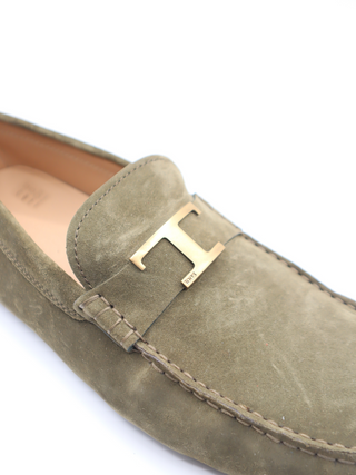 Tods Mens Green Suede Gold T Gommino Driver Shoes