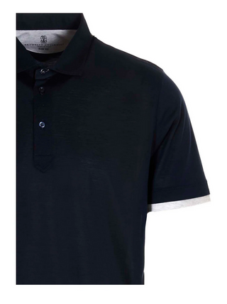 Brunello Cucinelli Mens Silk & Cotton Navy Polo Shirt