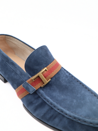 Tods Mens Blue Suede Ruched Gommino Driver Shoe with Side Multicolor Strap