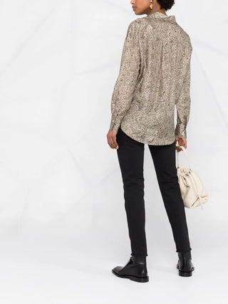 Brunello Cucinelli Brown Green Paisley Pattern Button Down Silk Shirt with Bead Embellishment Detail