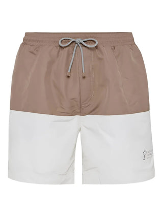 Brunello Cucinelli Mens Brown & White Color Block Logo- Embroidered Swim Trunks