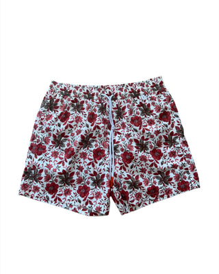 Isaia Mens White Red Floral Pattern Swim Trunk