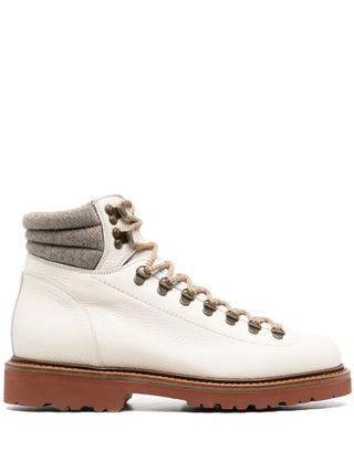 Brunello Cucinelli Mens Padded Ankle Lace-Up Hiking Boots in Off White