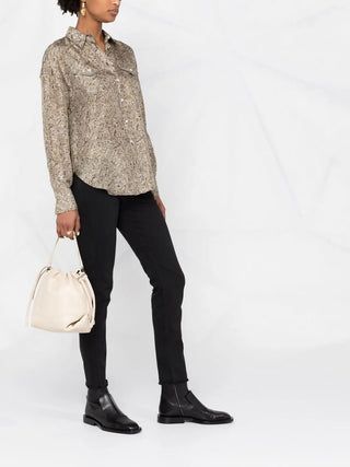 Brunello Cucinelli Brown Green Paisley Pattern Button Down Silk Shirt with Bead Embellishment Detail
