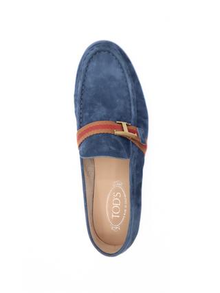 Tods Mens Blue Suede Ruched Gommino Driver Shoe with Side Multicolor Strap
