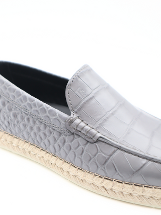 Tods Mens Grey Leather Croc Espadrille with Raffia Sole