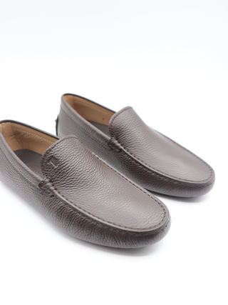 Tods Mens Dark Brown Grey Leather Grained Gommino Driver Shoes