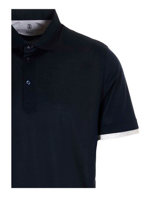Brunello Cucinelli Mens Silk & Cotton Navy Polo Shirt