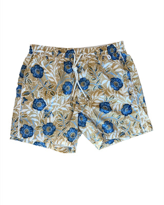 Isaia New Mens Beige Blue Big Floral Swim Trunks