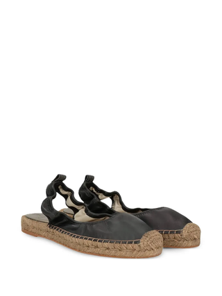 Brunello Cucinelli Leather Black Women's Espadrilles with Straw Bottom