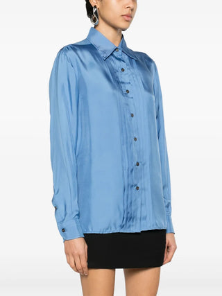 Tom Ford Womens Blue Pleated Long-Sleeved Dress Shirt