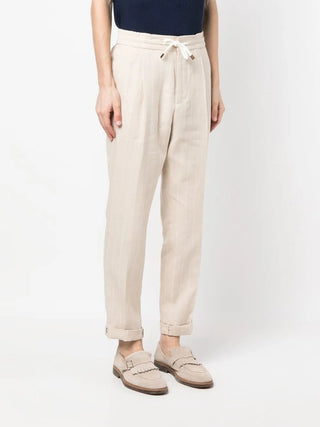 Brunello Cucinelli Men's Beige Linen & Wool White Pinstriped Drawstring Pant