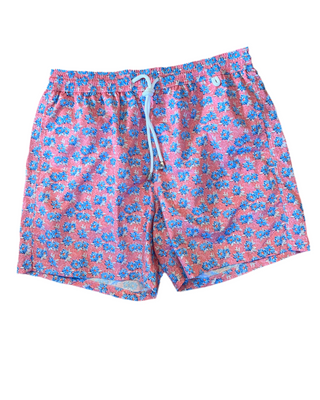 Isaia Mens Pink Blue Mini Floral Swim Trunk
