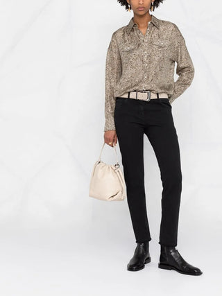 Brunello Cucinelli Brown Green Paisley Pattern Button Down Silk Shirt with Bead Embellishment Detail
