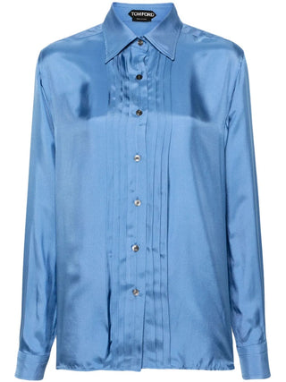Tom Ford Womens Blue Pleated Long-Sleeved Dress Shirt