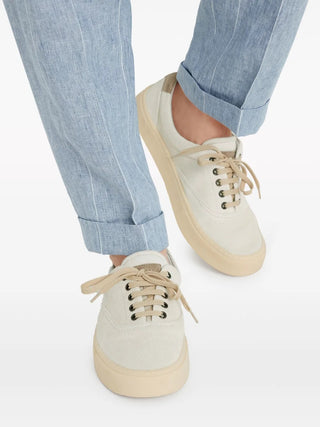 Brunello Cucinelli Mens Sand Color Branded Lace-Up Sneakers